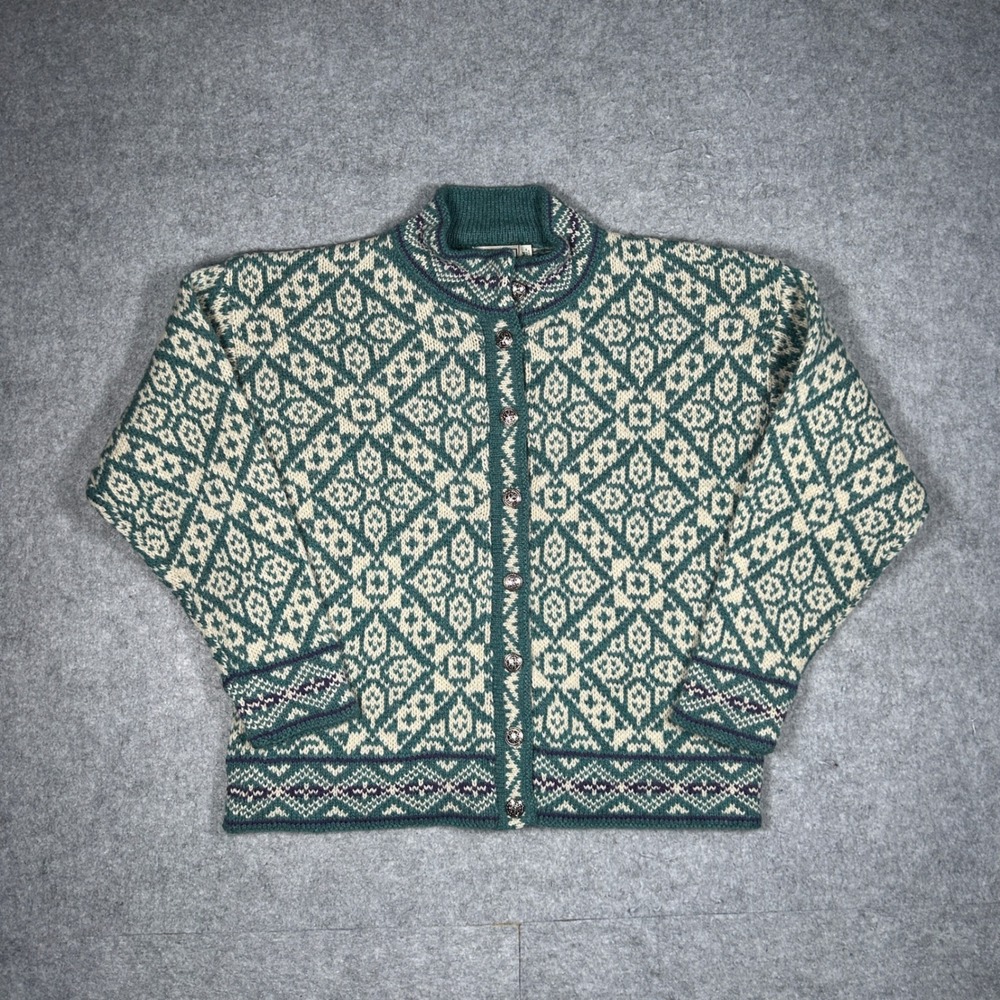 LL Bean Sweater Women Medium Green BA44 Nordic Fair Isle Wool Blend Cardigan USA